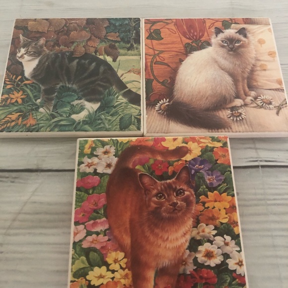 Vintage set of 3 cat print coasters and holder - Picture 5 of 5
